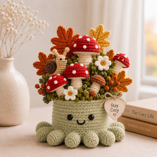 Handmade Crochet Mushroom Octopus with Snail & Autumn Leaves Decor | Cozy Gift