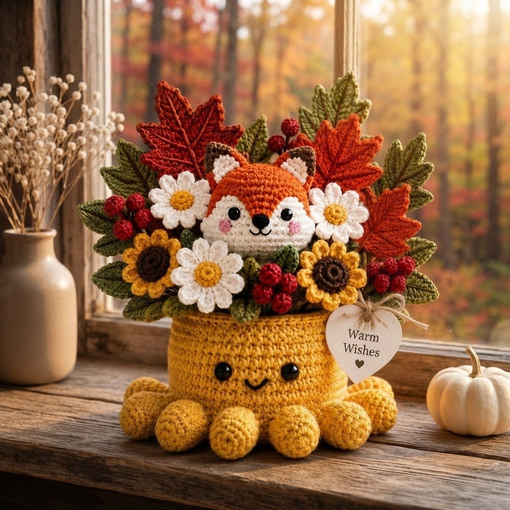 Handmade Crochet Fox Octopus with Autumn Flowers & Leaves | Fall Gift
