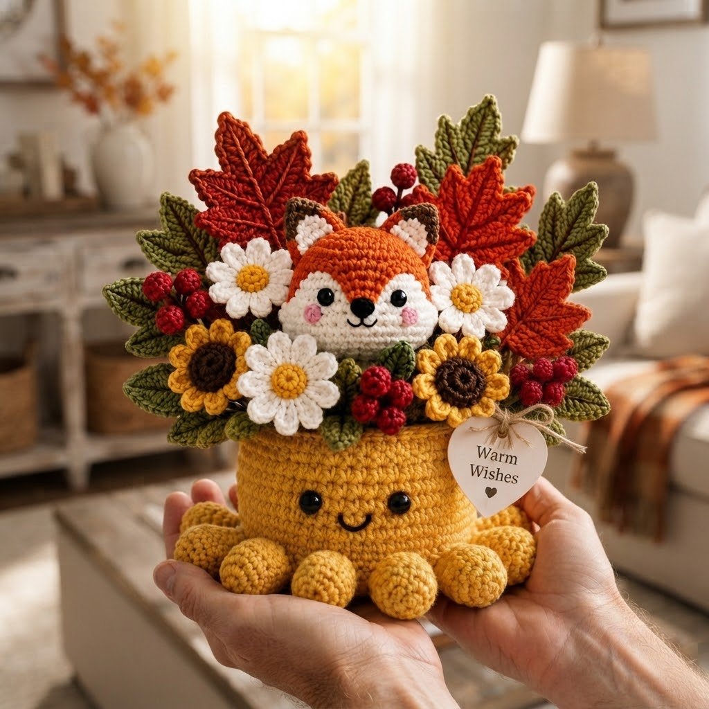 Handmade Crochet Fox Octopus with Autumn Flowers & Leaves | Fall Gift