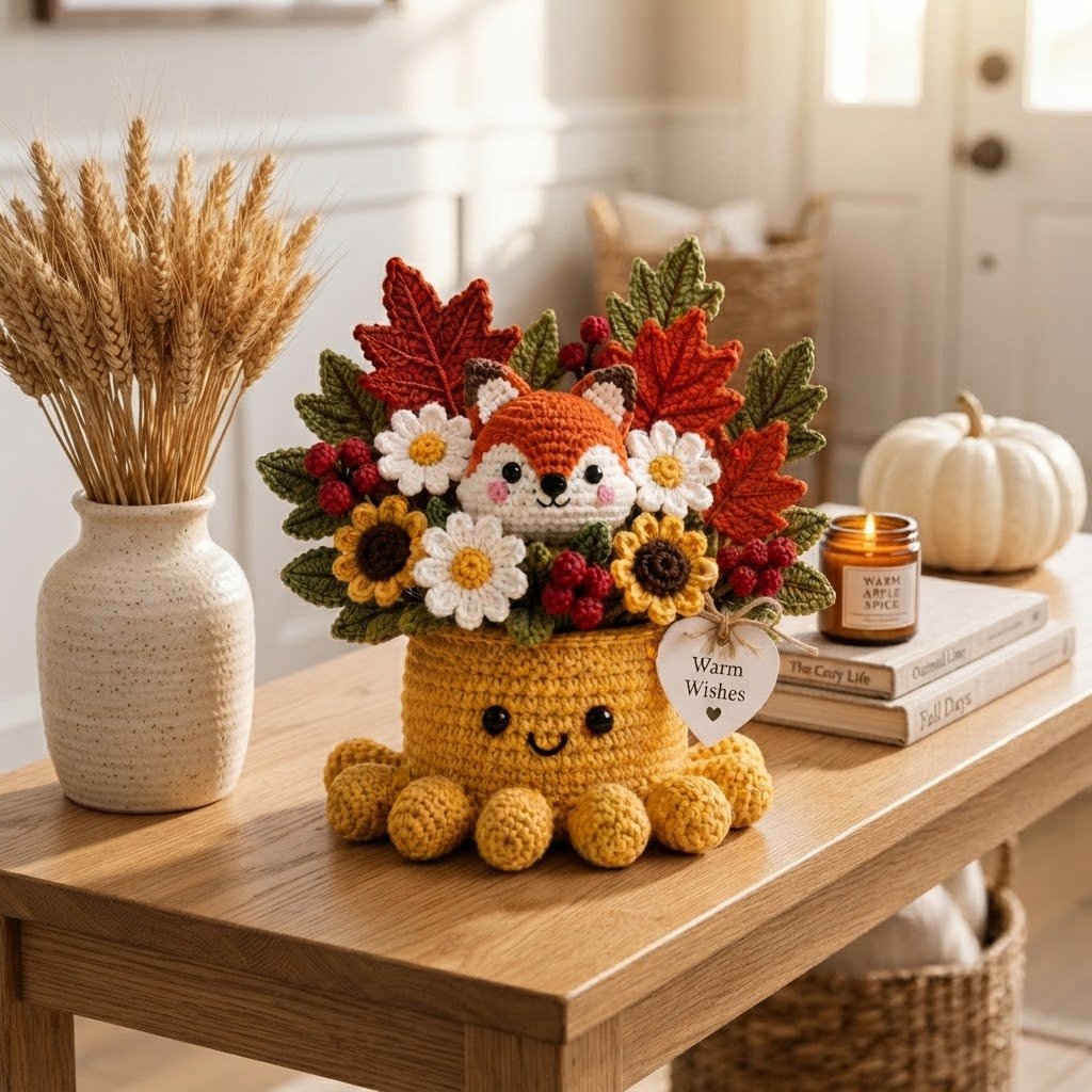 Handmade Crochet Fox Octopus with Autumn Flowers & Leaves | Fall Gift