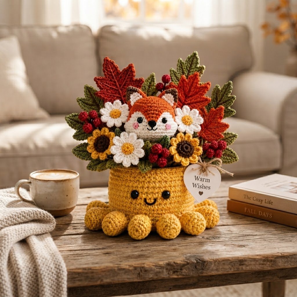 Handmade Crochet Fox Octopus with Autumn Flowers & Leaves | Fall Gift