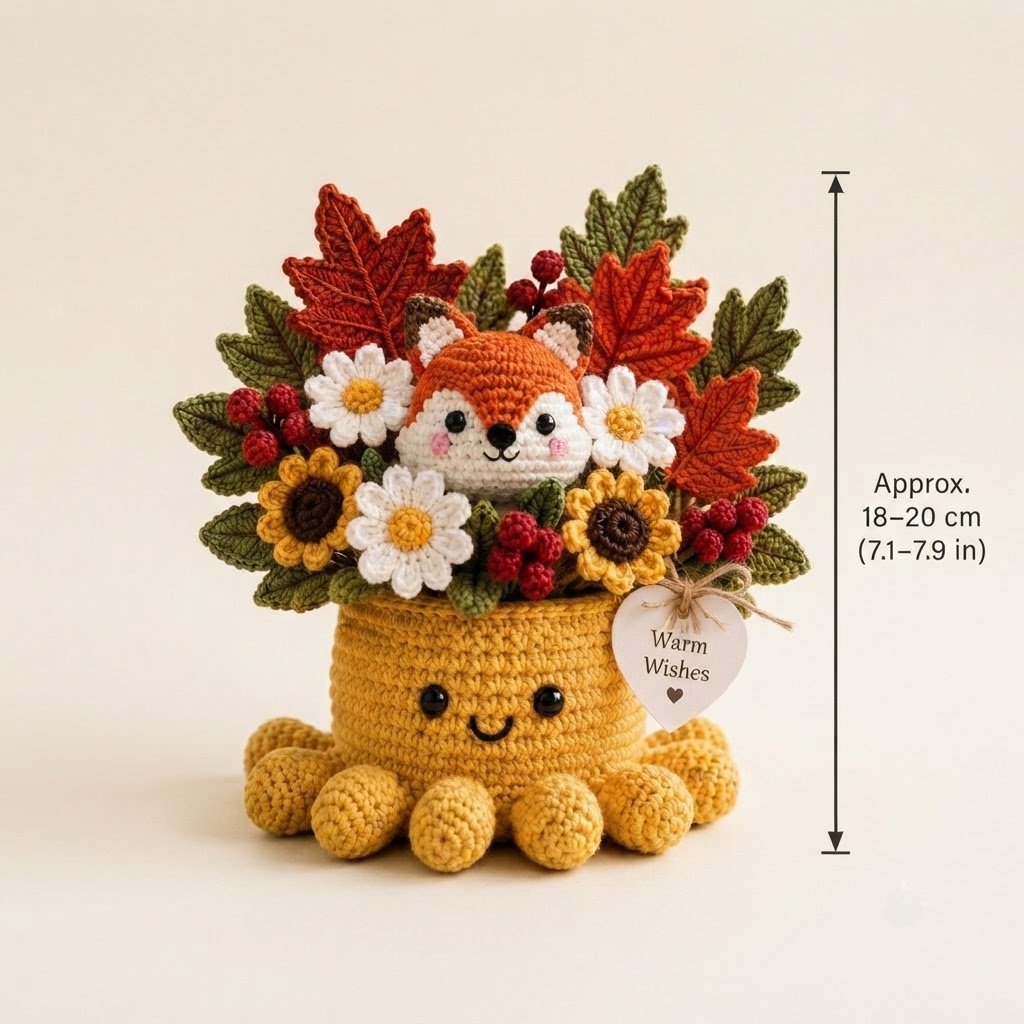 Handmade Crochet Fox Octopus with Autumn Flowers & Leaves | Fall Gift