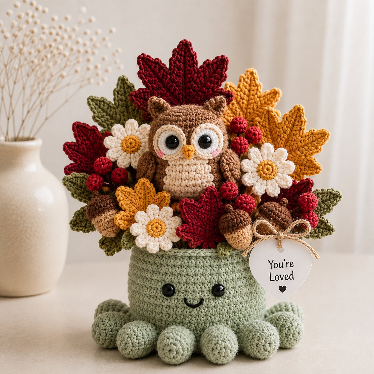 Handmade Crochet Owl Octopus with Autumn Leaves & Acorns | Cozy Fall Gift