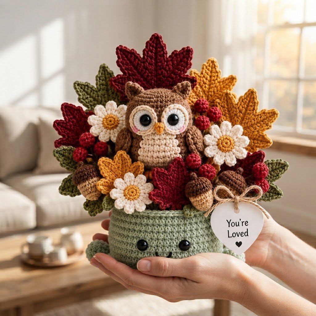 Handmade Crochet Owl Octopus with Autumn Leaves & Acorns | Cozy Fall Gift
