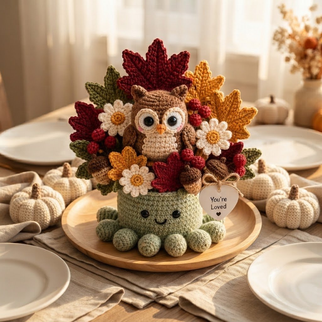 Handmade Crochet Owl Octopus with Autumn Leaves & Acorns | Cozy Fall Gift