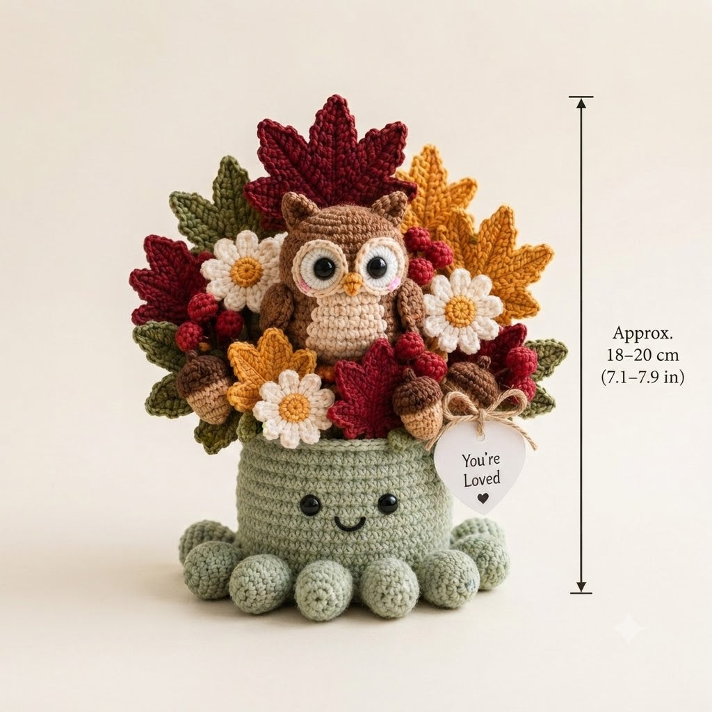 Handmade Crochet Owl Octopus with Autumn Leaves & Acorns | Cozy Fall Gift