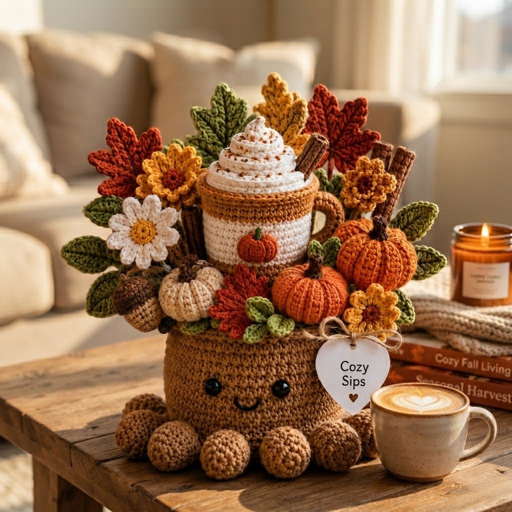 Handmade Crochet Coffee Cup Octopus with Pumpkins & Fall Leaves | Cozy Gift