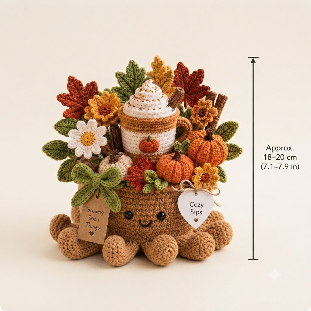 Handmade Crochet Coffee Cup Octopus with Pumpkins & Fall Leaves | Cozy Gift
