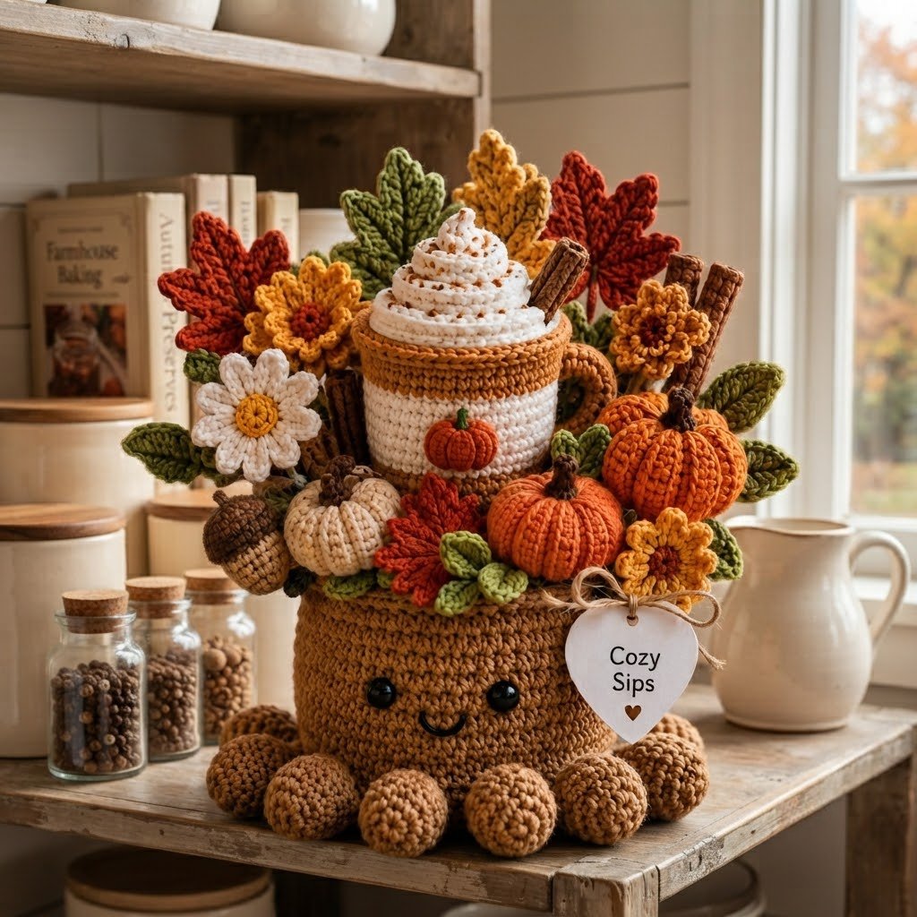 Handmade Crochet Coffee Cup Octopus with Pumpkins & Fall Leaves | Cozy Gift