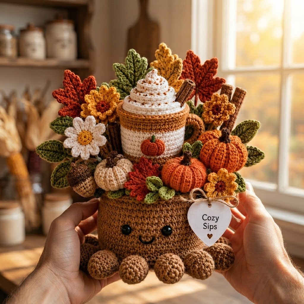 Handmade Crochet Coffee Cup Octopus with Pumpkins & Fall Leaves | Cozy Gift