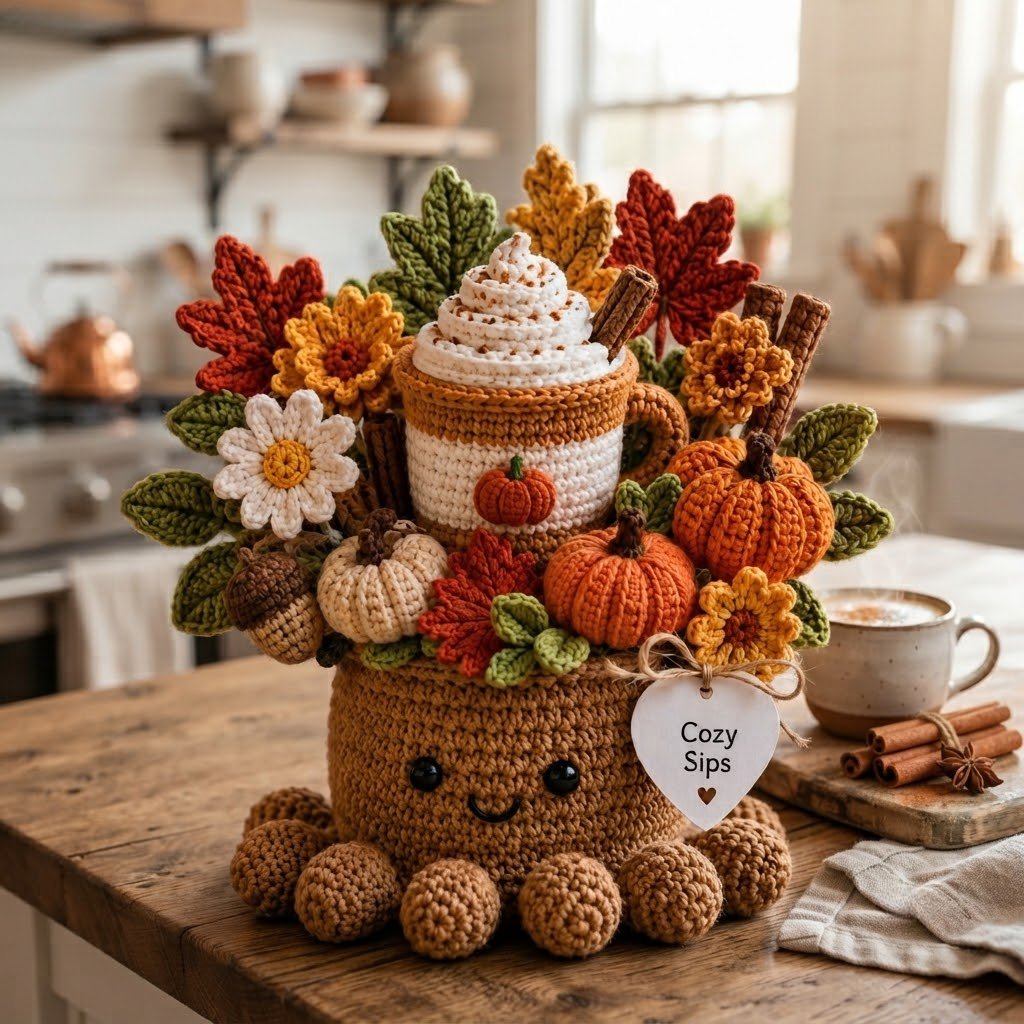 Handmade Crochet Coffee Cup Octopus with Pumpkins & Fall Leaves | Cozy Gift