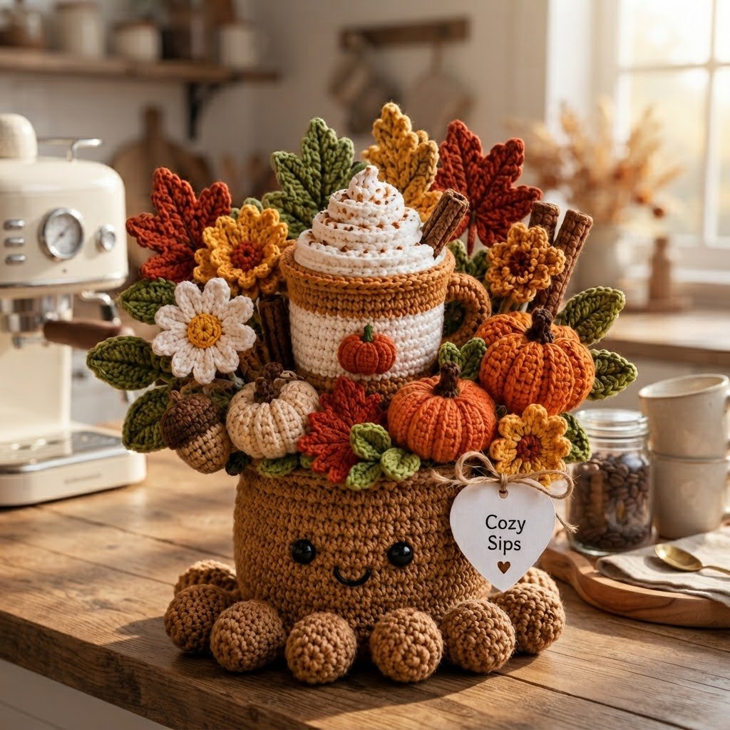Handmade Crochet Coffee Cup Octopus with Pumpkins & Fall Leaves | Cozy Gift