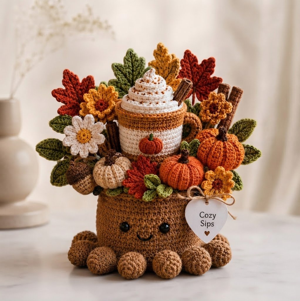 Handmade Crochet Coffee Cup Octopus with Pumpkins & Fall Leaves | Cozy Gift