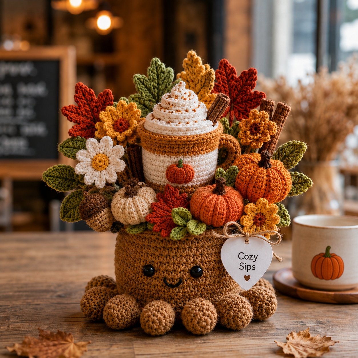 Handmade Crochet Coffee Cup Octopus with Pumpkins & Fall Leaves | Cozy Gift