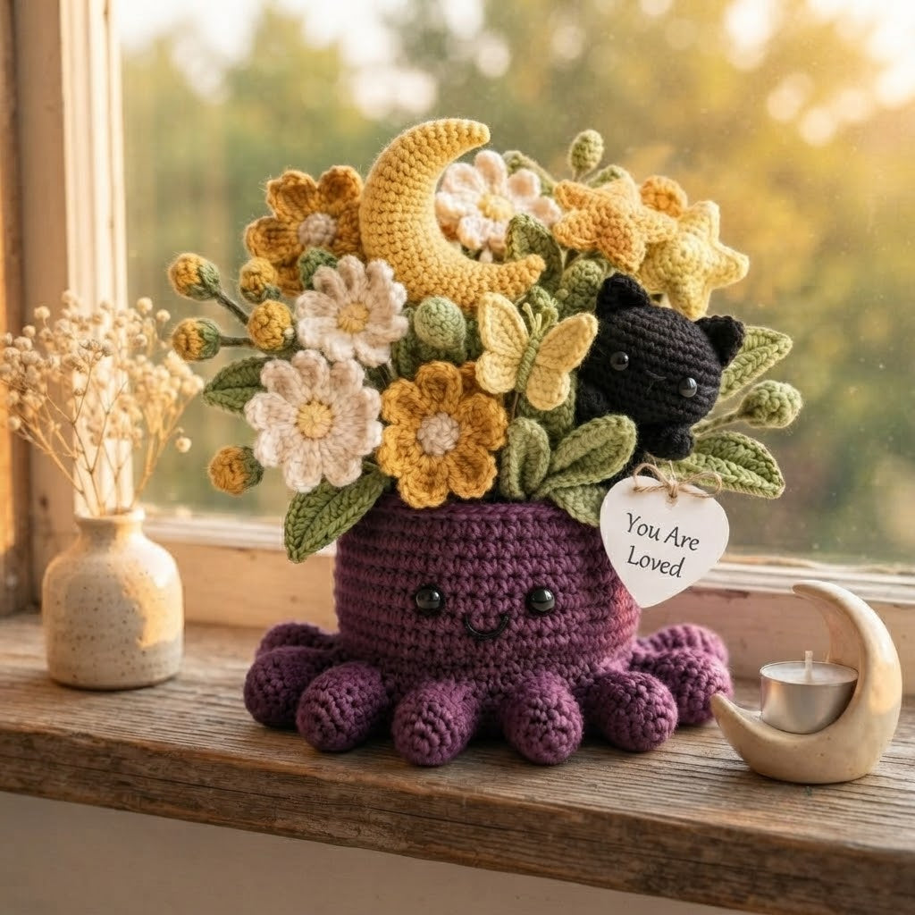 Handmade Crochet Black Cat & Moon Octopus with Flowers | Celestial Gift