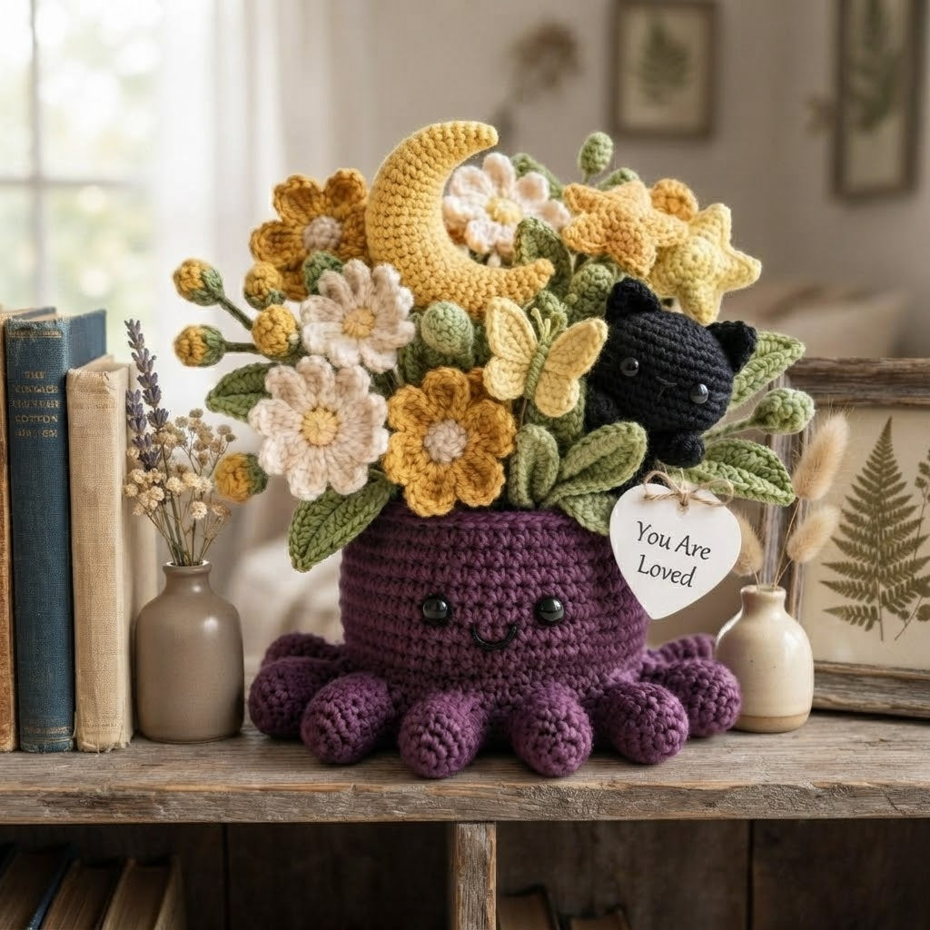 Handmade Crochet Black Cat & Moon Octopus with Flowers | Celestial Gift