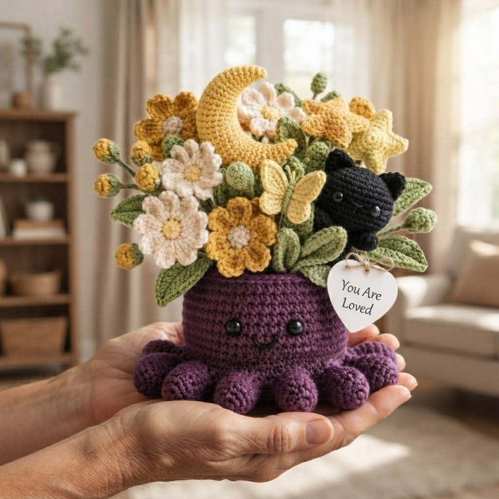Handmade Crochet Black Cat & Moon Octopus with Flowers | Celestial Gift