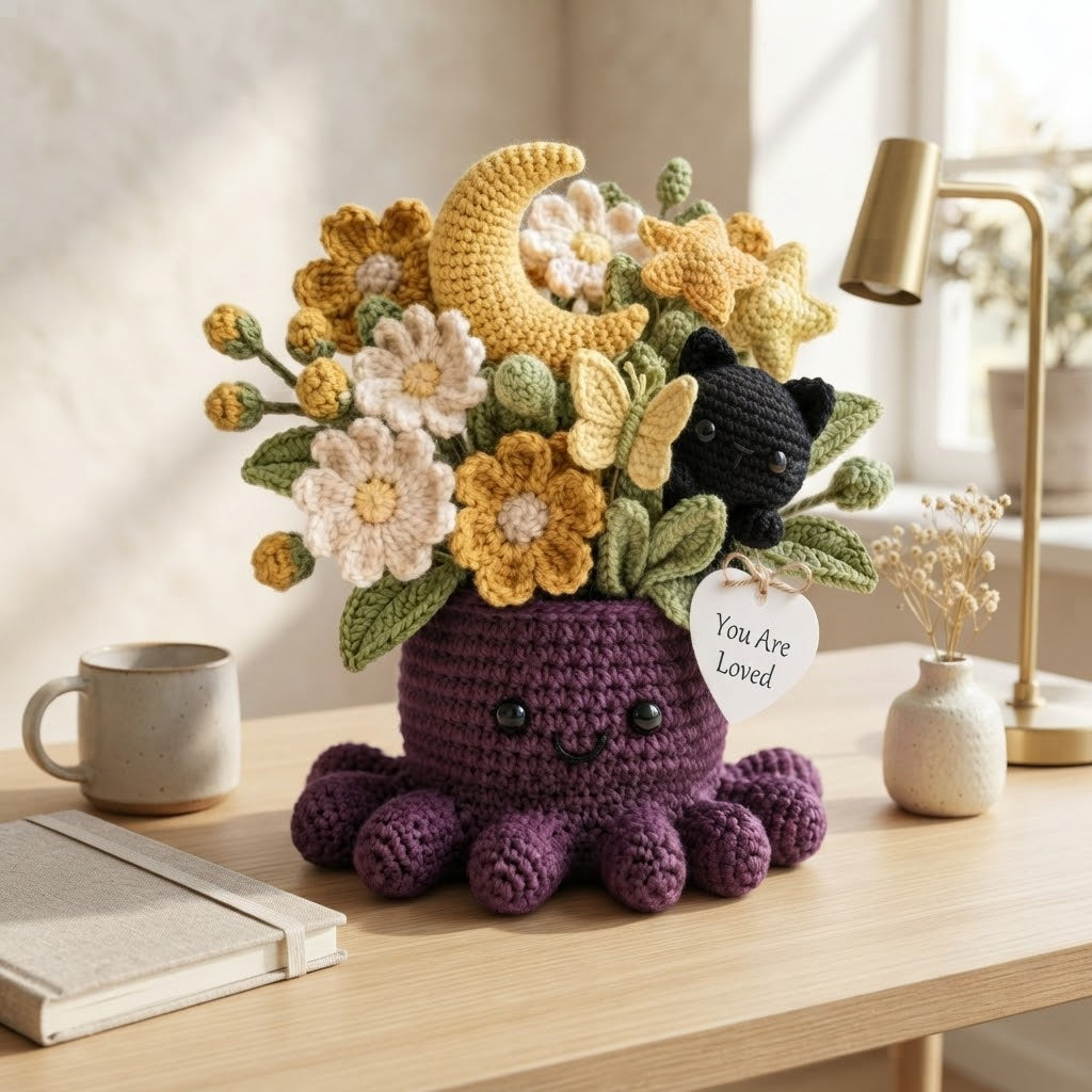 Handmade Crochet Black Cat & Moon Octopus with Flowers | Celestial Gift