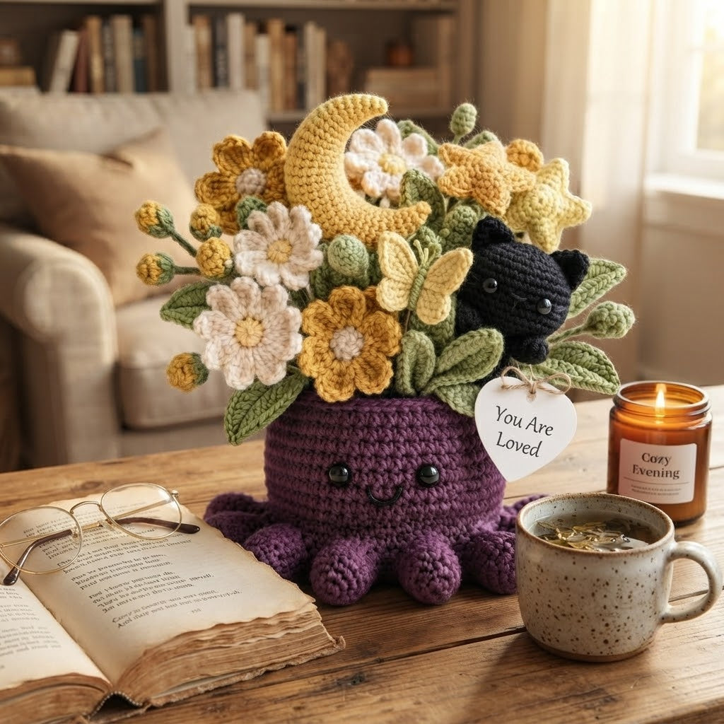 Handmade Crochet Black Cat & Moon Octopus with Flowers | Celestial Gift