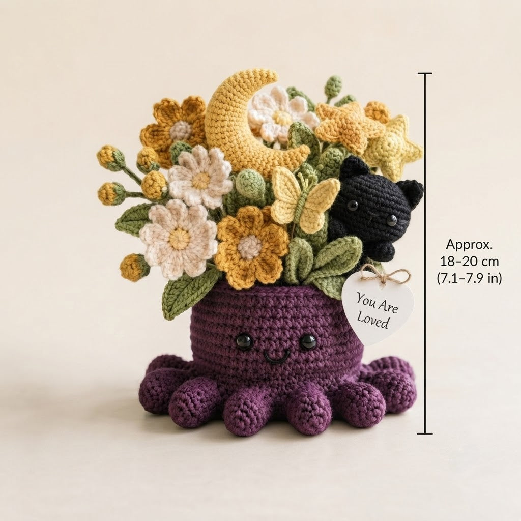 Handmade Crochet Black Cat & Moon Octopus with Flowers | Celestial Gift