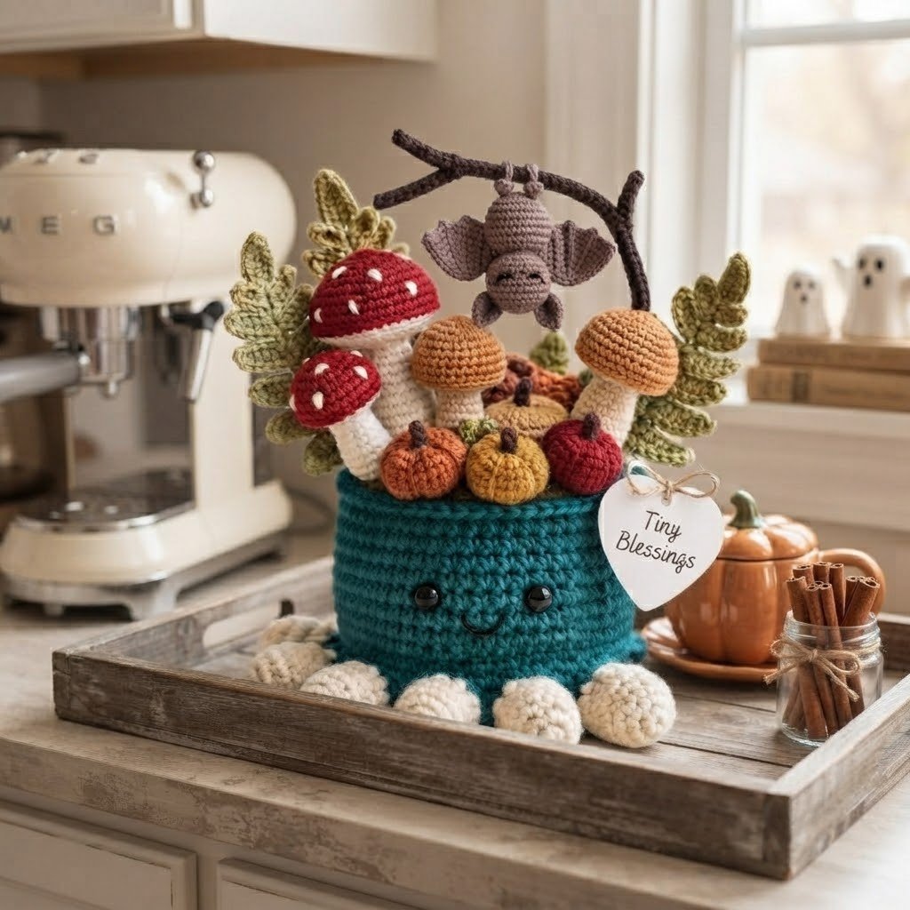 Handmade Crochet Bat Octopus with Mushrooms & Autumn Decor | Spooky Gift
