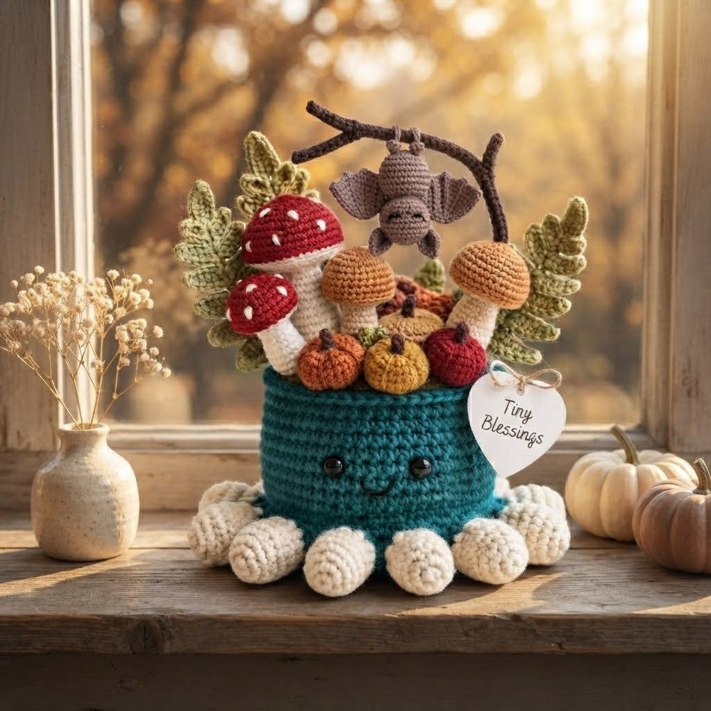 Handmade Crochet Bat Octopus with Mushrooms & Autumn Decor | Spooky Gift