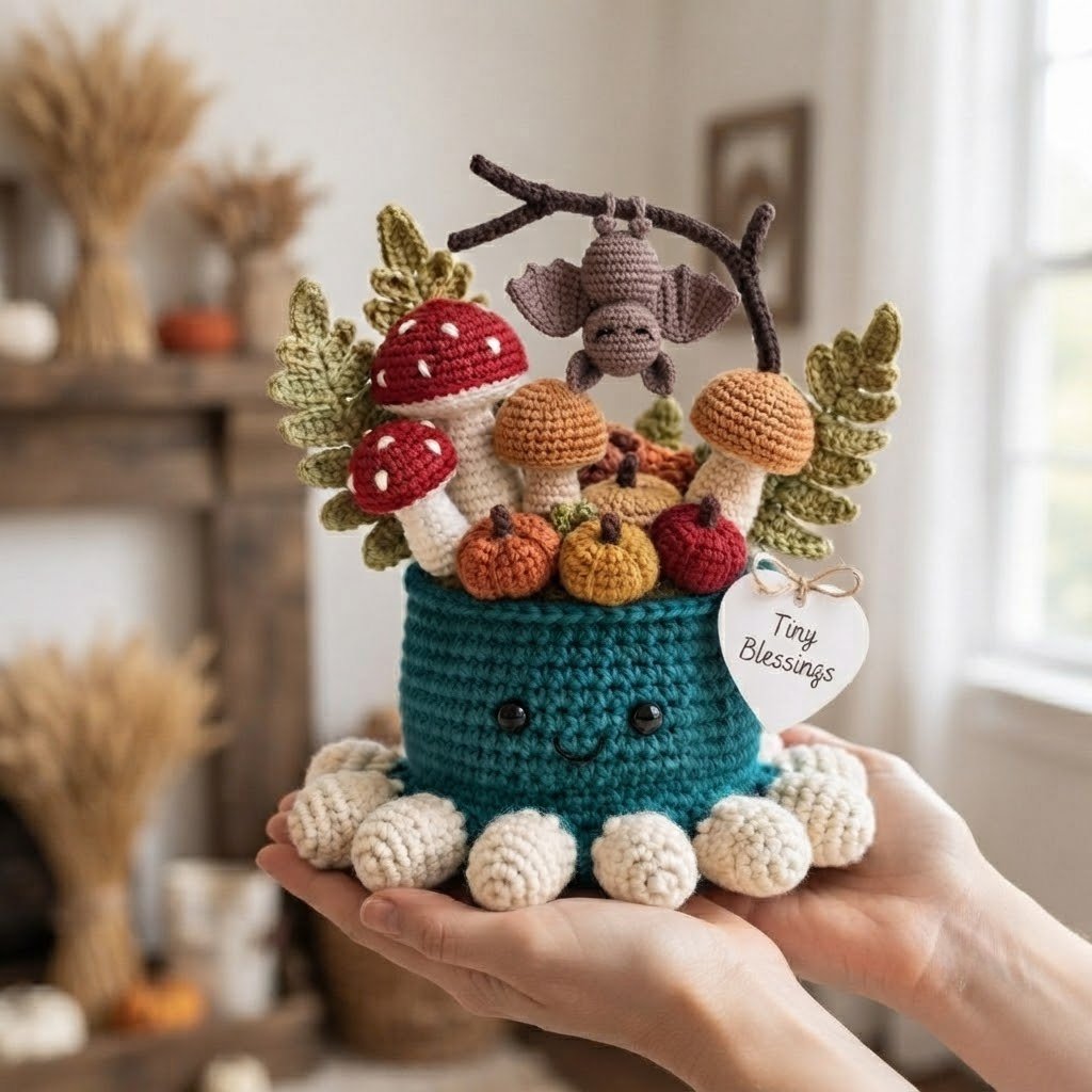 Handmade Crochet Bat Octopus with Mushrooms & Autumn Decor | Spooky Gift