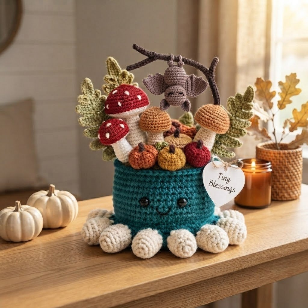 Handmade Crochet Bat Octopus with Mushrooms & Autumn Decor | Spooky Gift