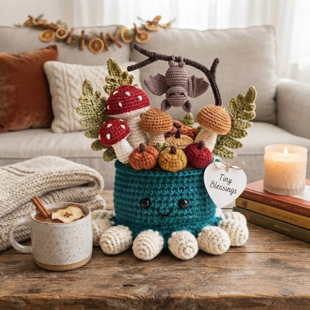 Handmade Crochet Bat Octopus with Mushrooms & Autumn Decor | Spooky Gift