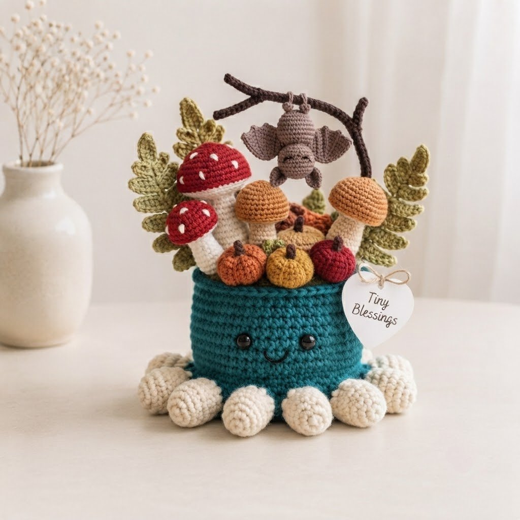 Handmade Crochet Bat Octopus with Mushrooms & Autumn Decor | Spooky Gift