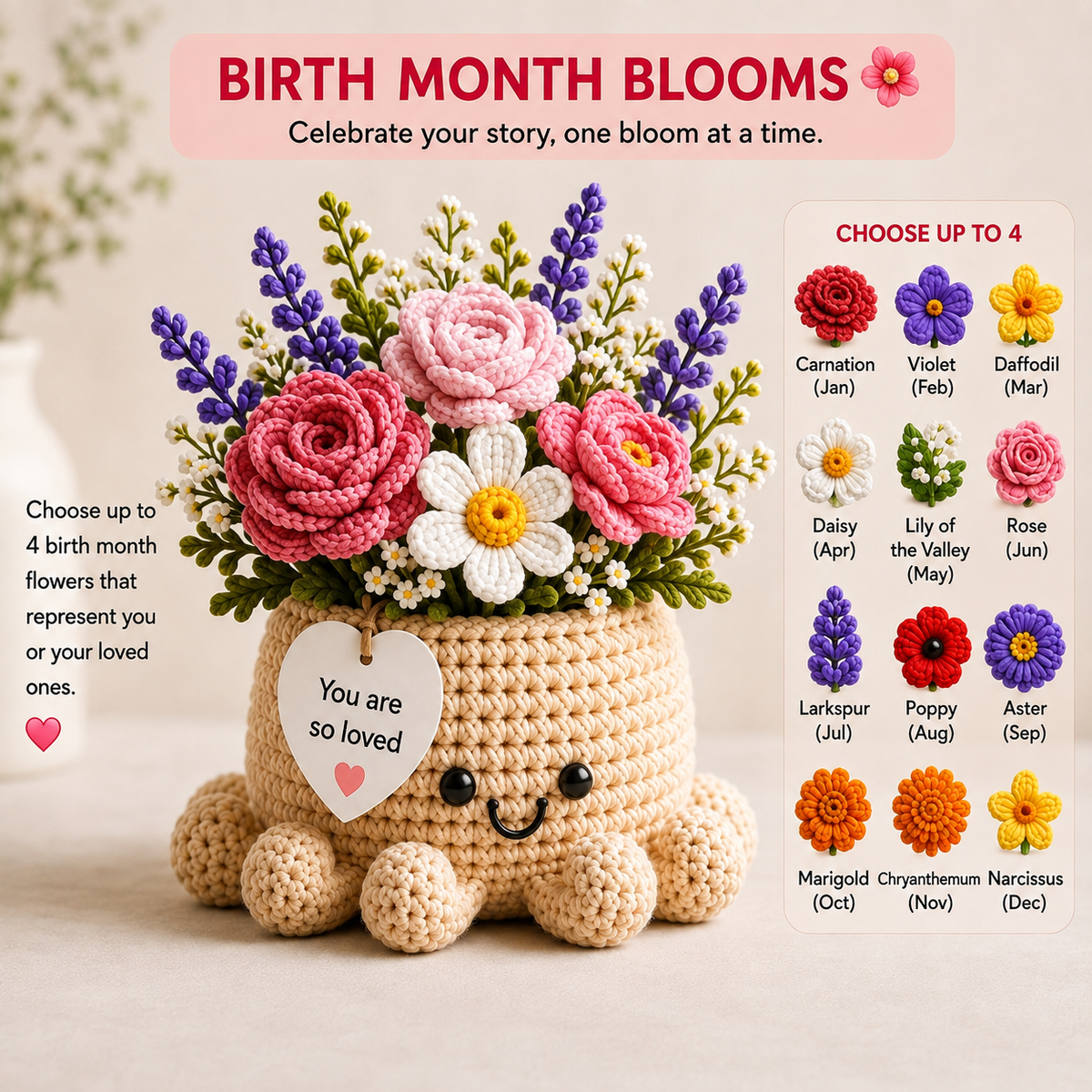 Custom Birth Month Crochet Flower Bouquet – Personalized Flowers Octopus Pot