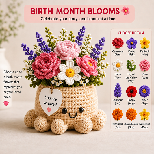 Custom Birth Month Crochet Flower Bouquet – Personalized Flowers Octopus Pot