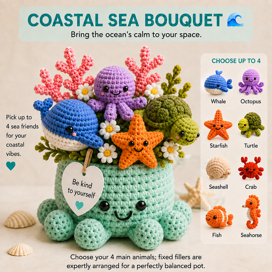 Custom Crochet Sea Animal Bouquet – Personalized Sea-Friend Octopus Pot