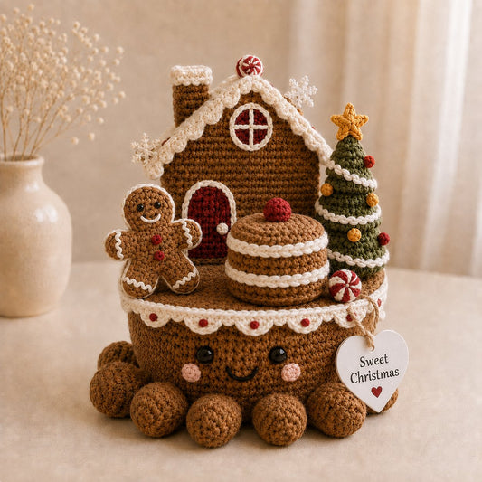 Crochet Gingerbread Village Scene – Cozy Christmas Table Decor