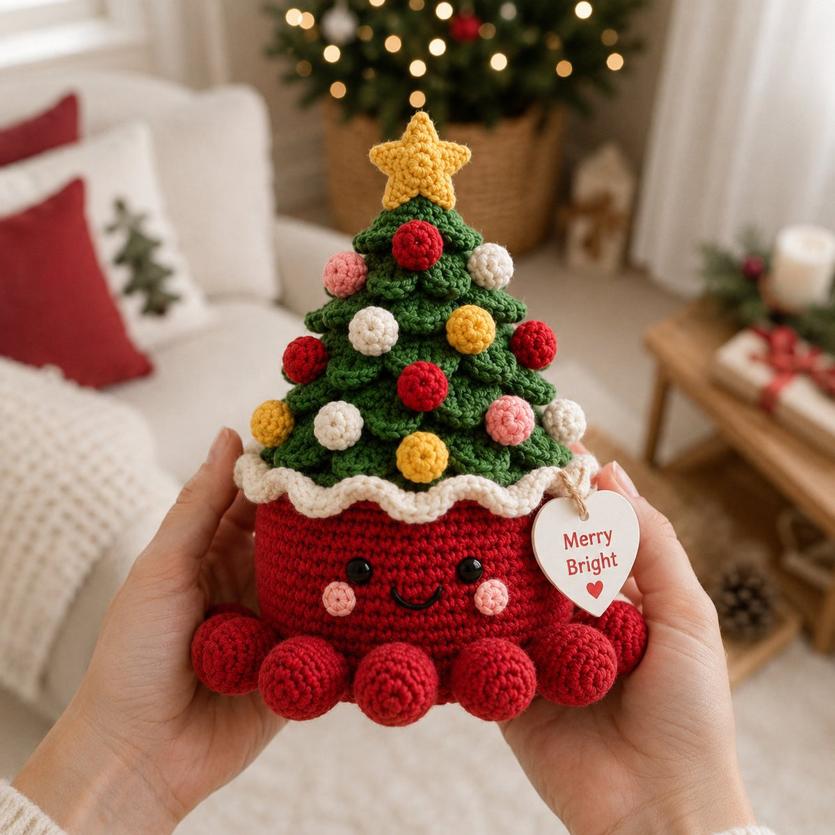 Artisanal Crochet Christmas Tree in Red Pot – Whimsical Holiday Home Decor