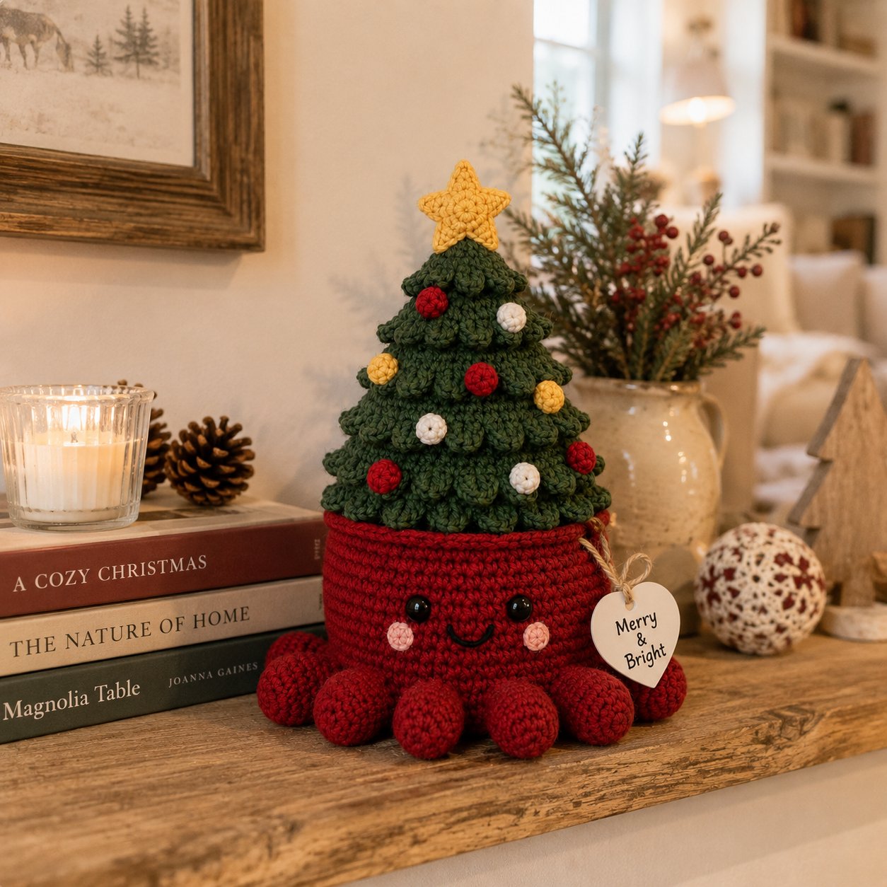 Artisanal Crochet Christmas Tree in Red Pot – Whimsical Holiday Home Decor