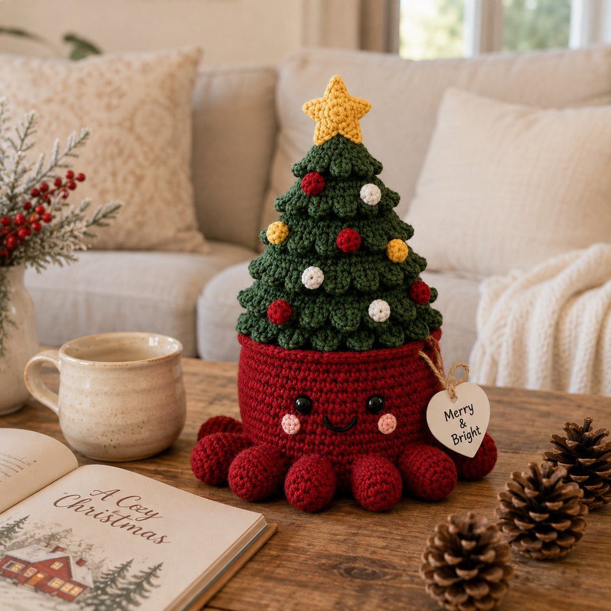 Artisanal Crochet Christmas Tree in Red Pot – Whimsical Holiday Home Decor