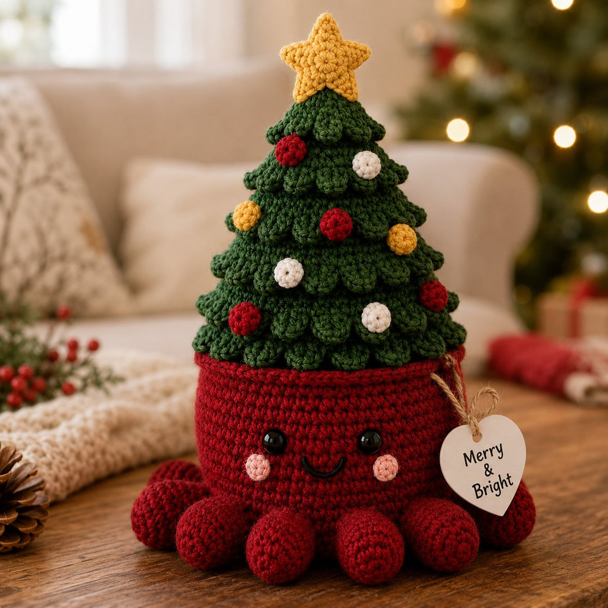Artisanal Crochet Christmas Tree in Red Pot – Whimsical Holiday Home Decor