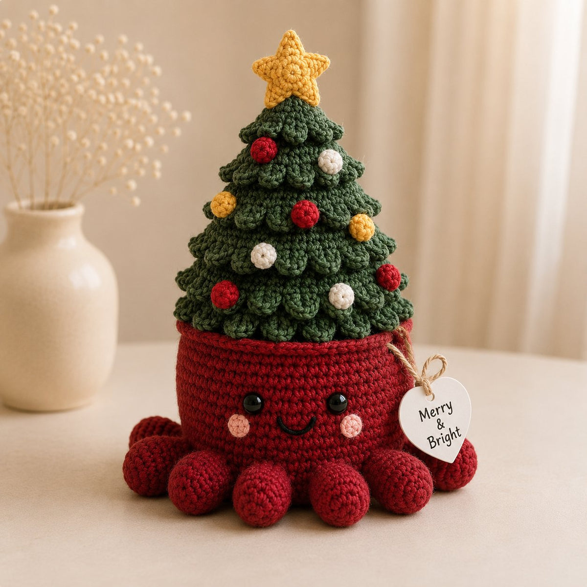 Artisanal Crochet Christmas Tree in Red Pot – Whimsical Holiday Home Decor
