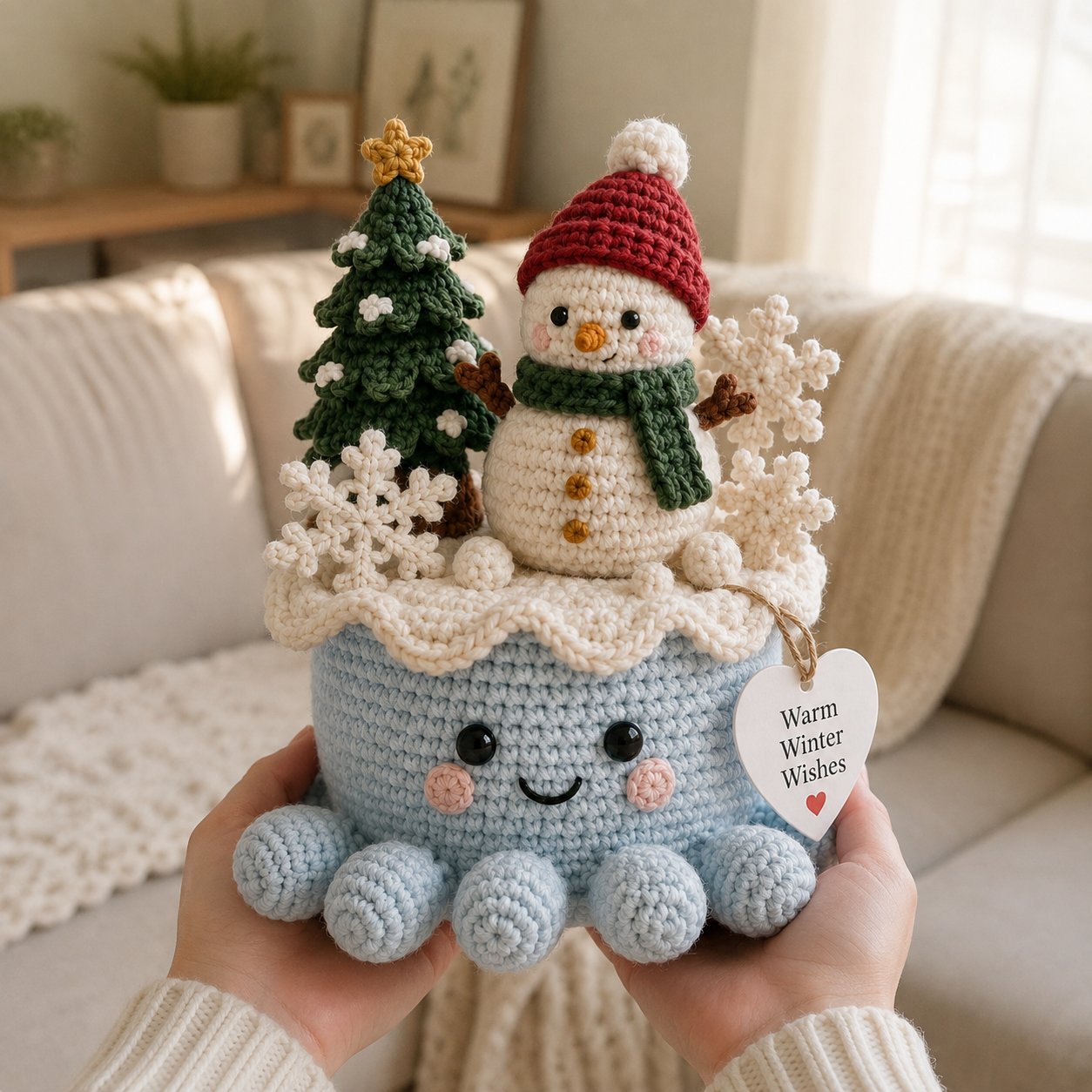 Artisanal Crochet Snowman Decor in Blue Pot – Unique Holiday Home Ornament