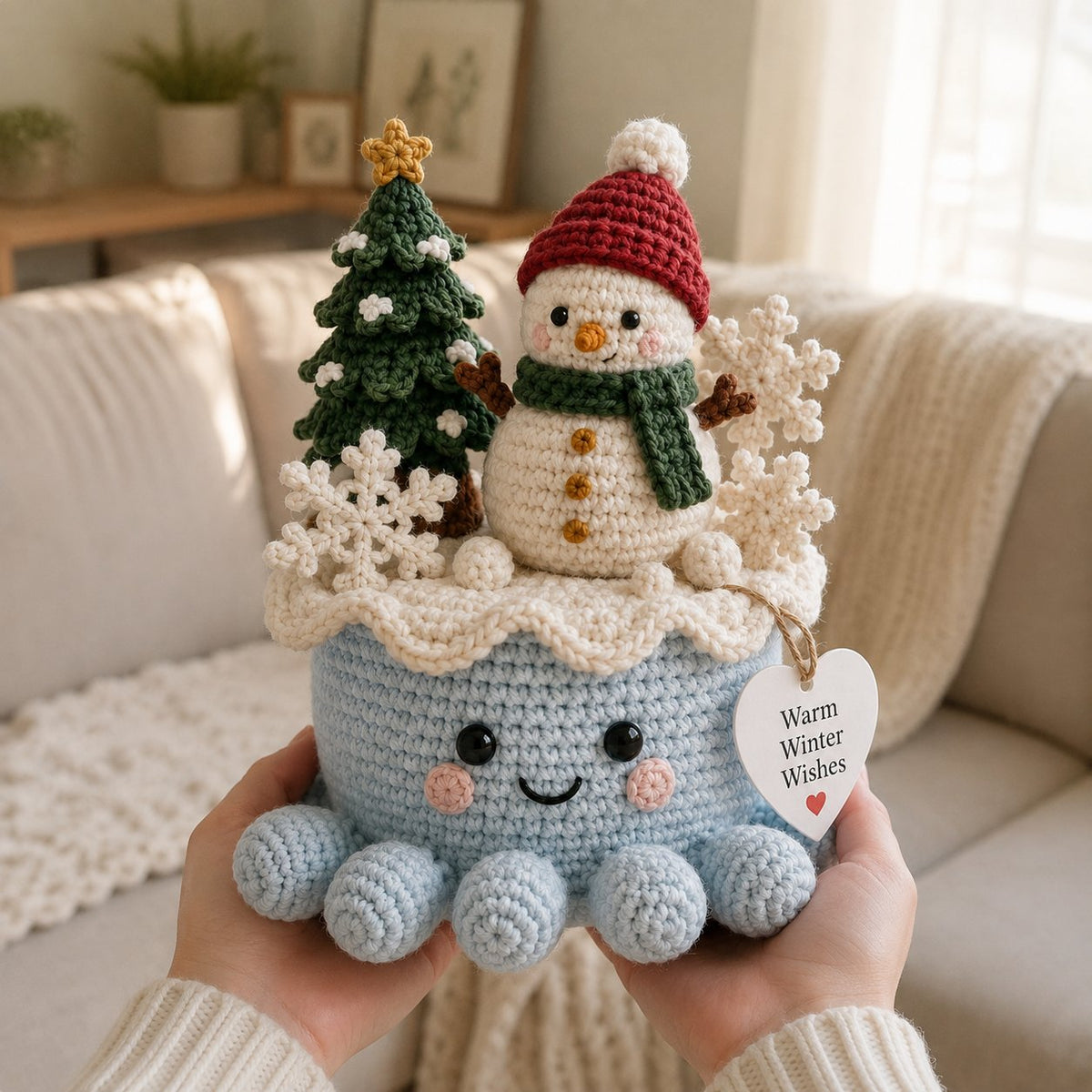 Artisanal Crochet Snowman Decor in Blue Pot – Unique Holiday Home Ornament