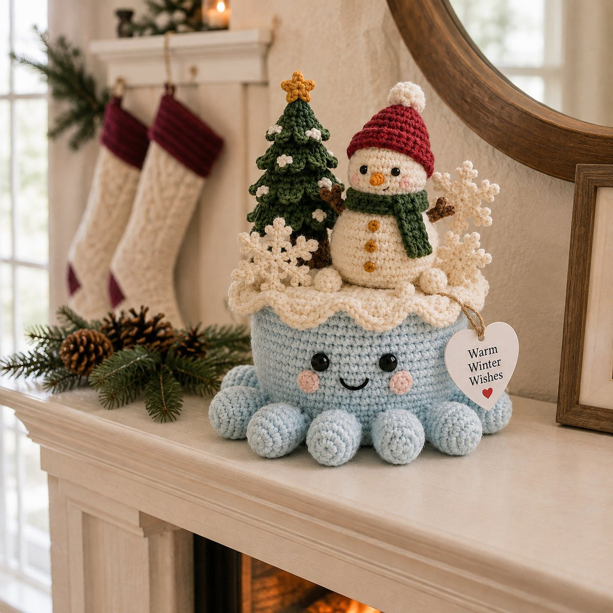 Artisanal Crochet Snowman Decor in Blue Pot – Unique Holiday Home Ornament