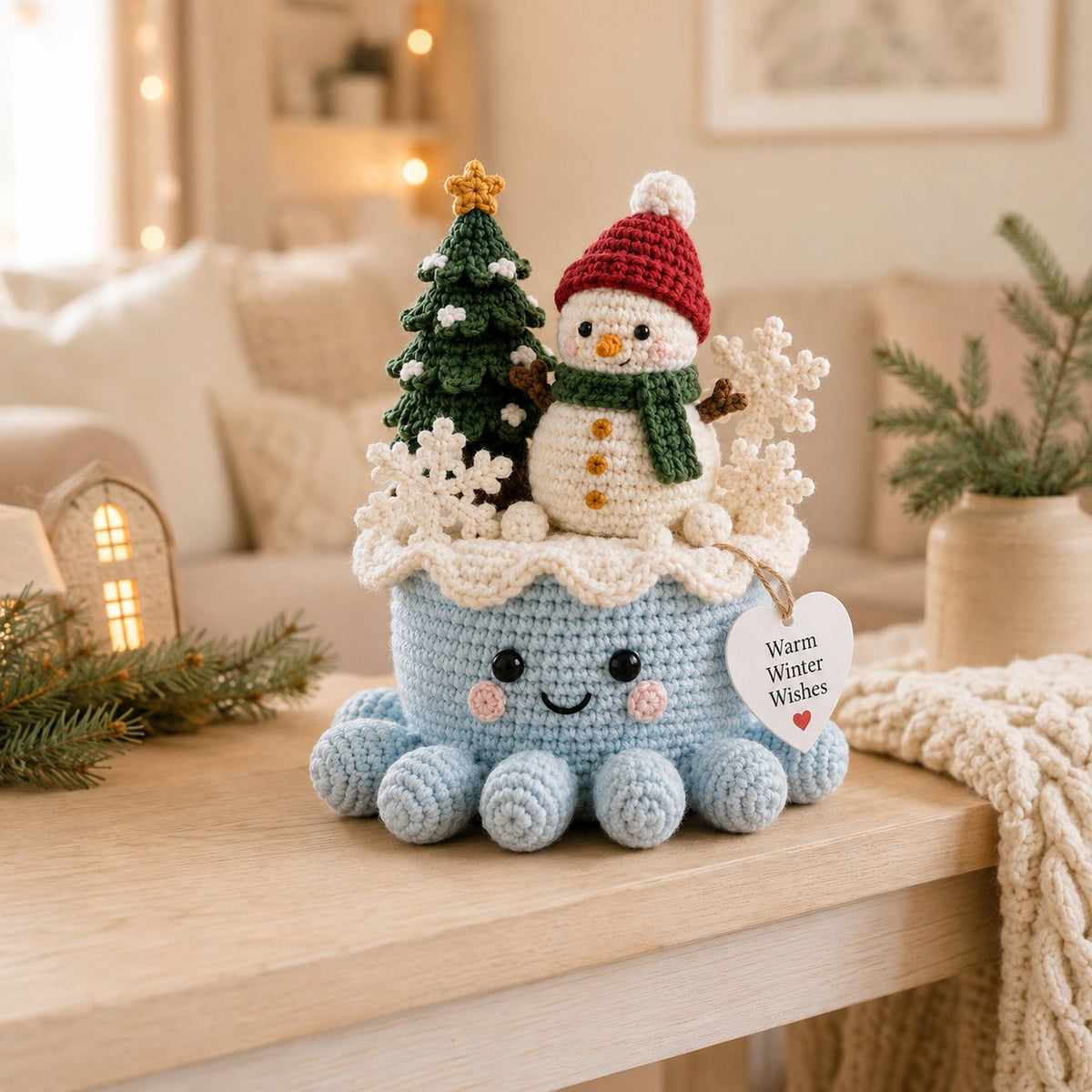 Artisanal Crochet Snowman Decor in Blue Pot – Unique Holiday Home Ornament