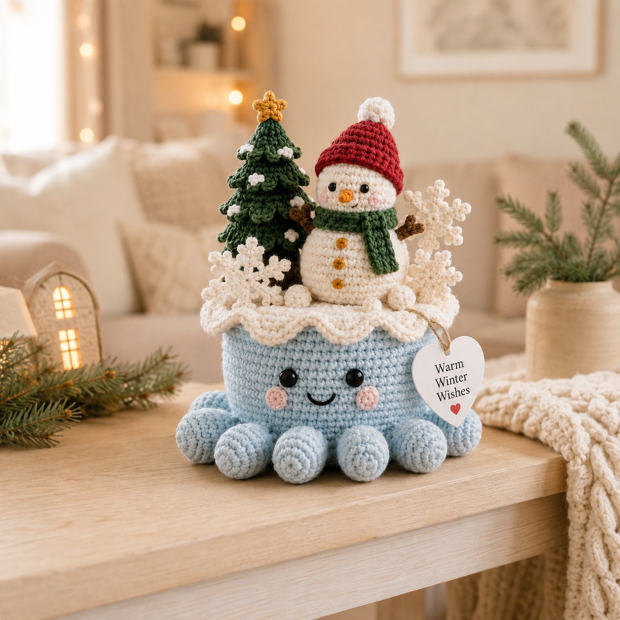 Artisanal Crochet Snowman Decor in Blue Pot – Unique Holiday Home Ornament