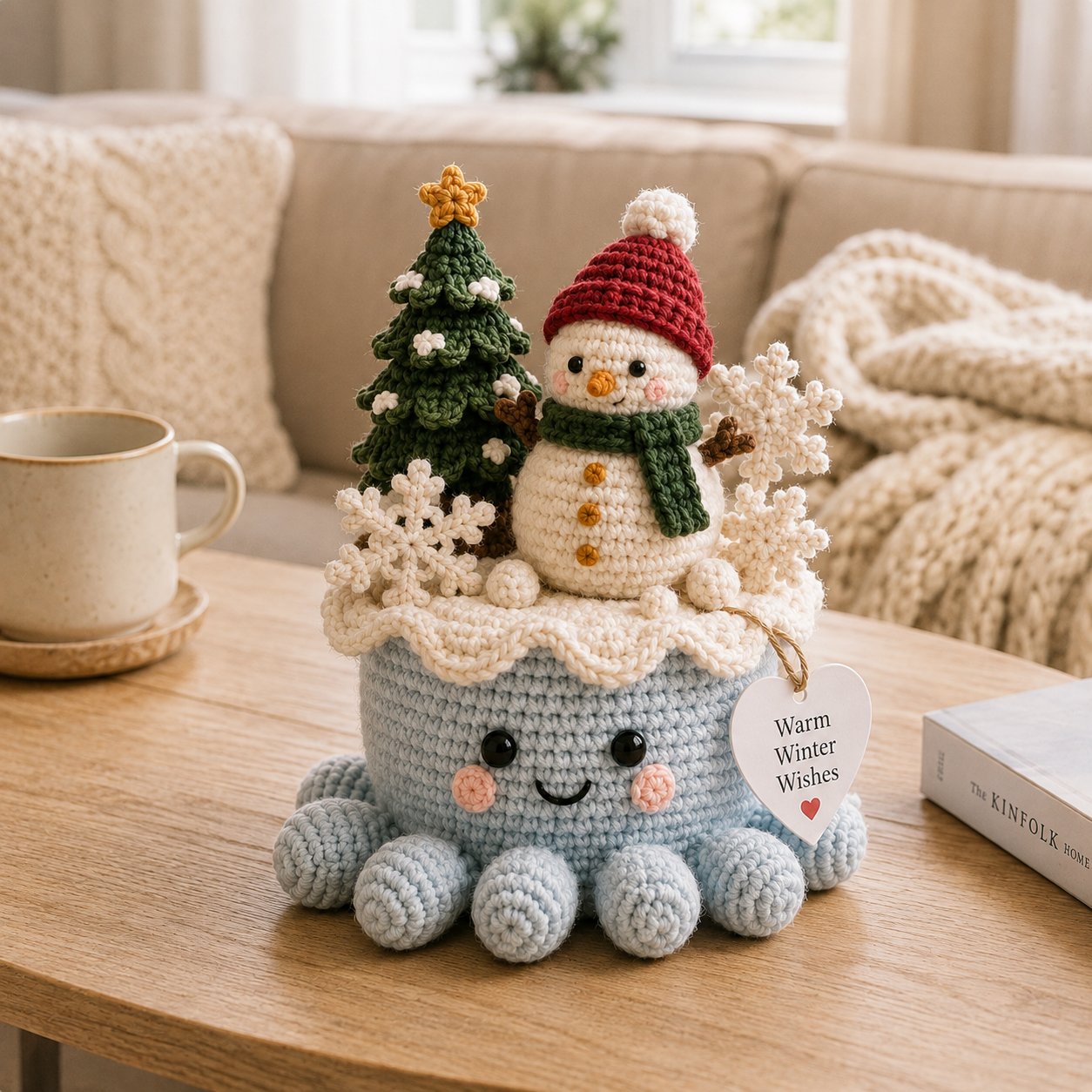Artisanal Crochet Snowman Decor in Blue Pot – Unique Holiday Home Ornament