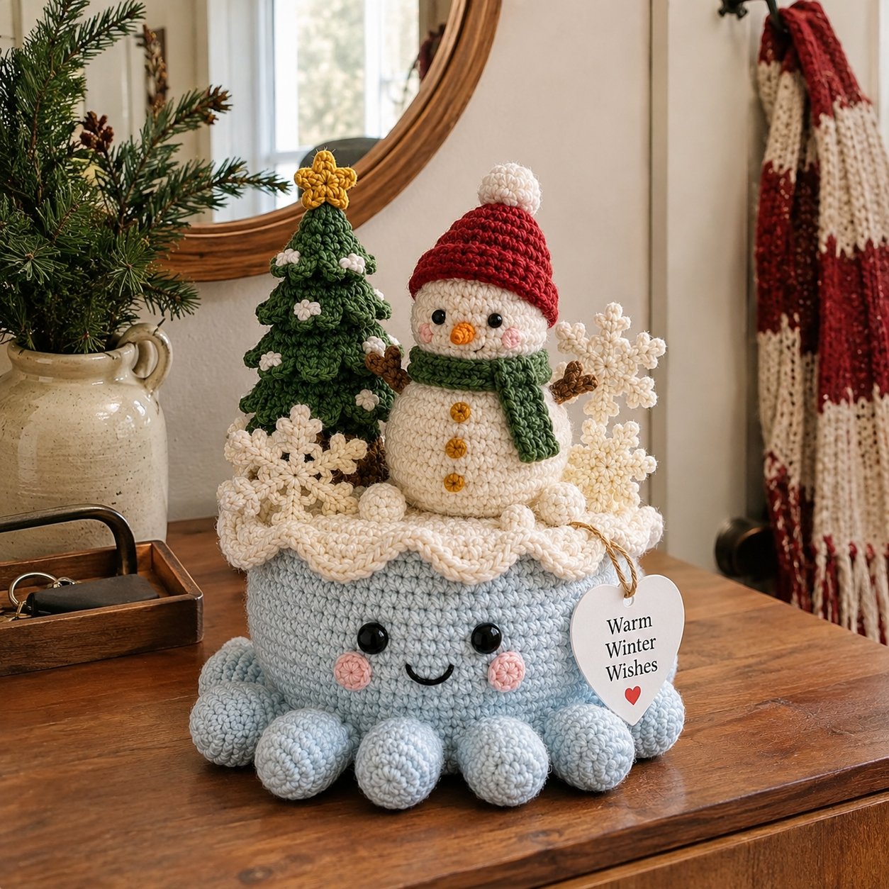 Artisanal Crochet Snowman Decor in Blue Pot – Unique Holiday Home Ornament