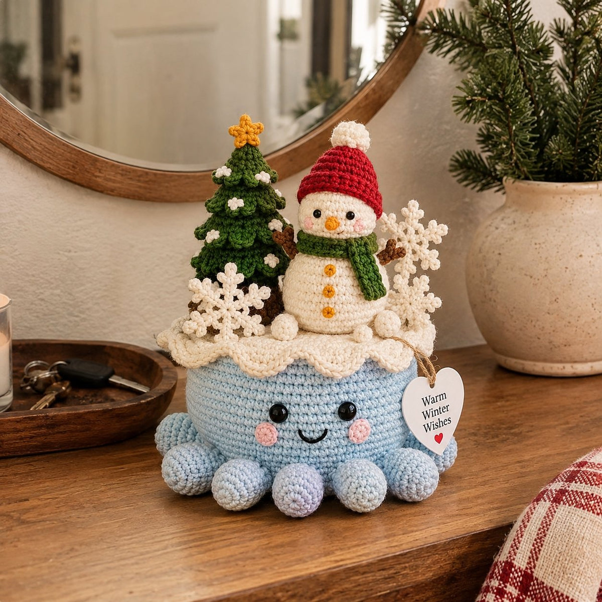 Artisanal Crochet Snowman Decor in Blue Pot – Unique Holiday Home Ornament