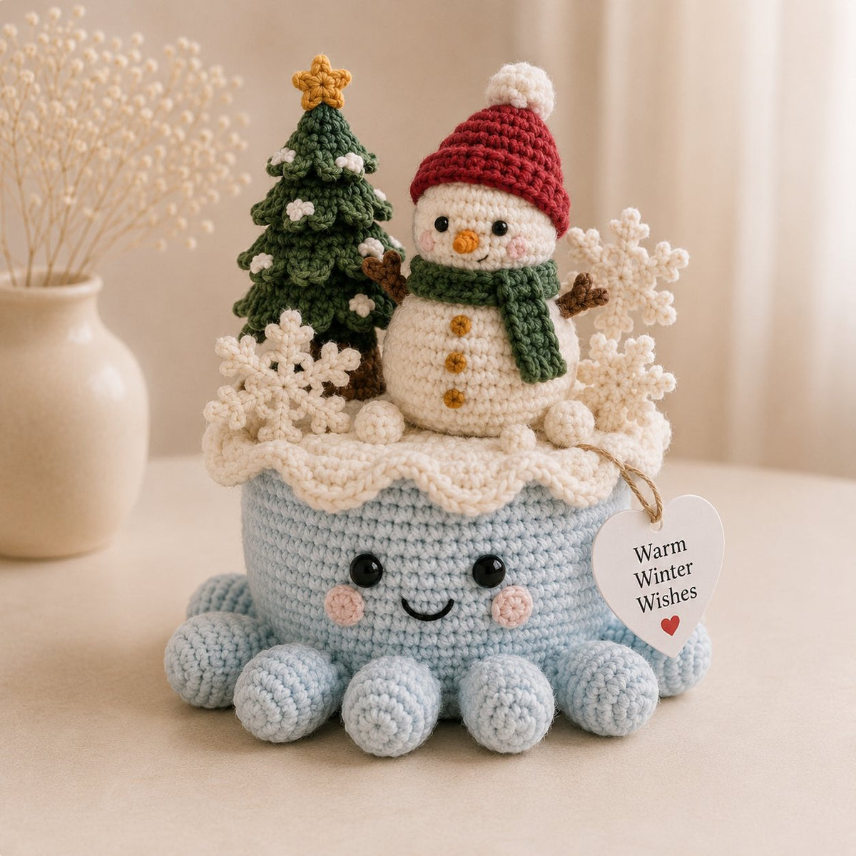 Artisanal Crochet Snowman Decor in Blue Pot – Unique Holiday Home Ornament