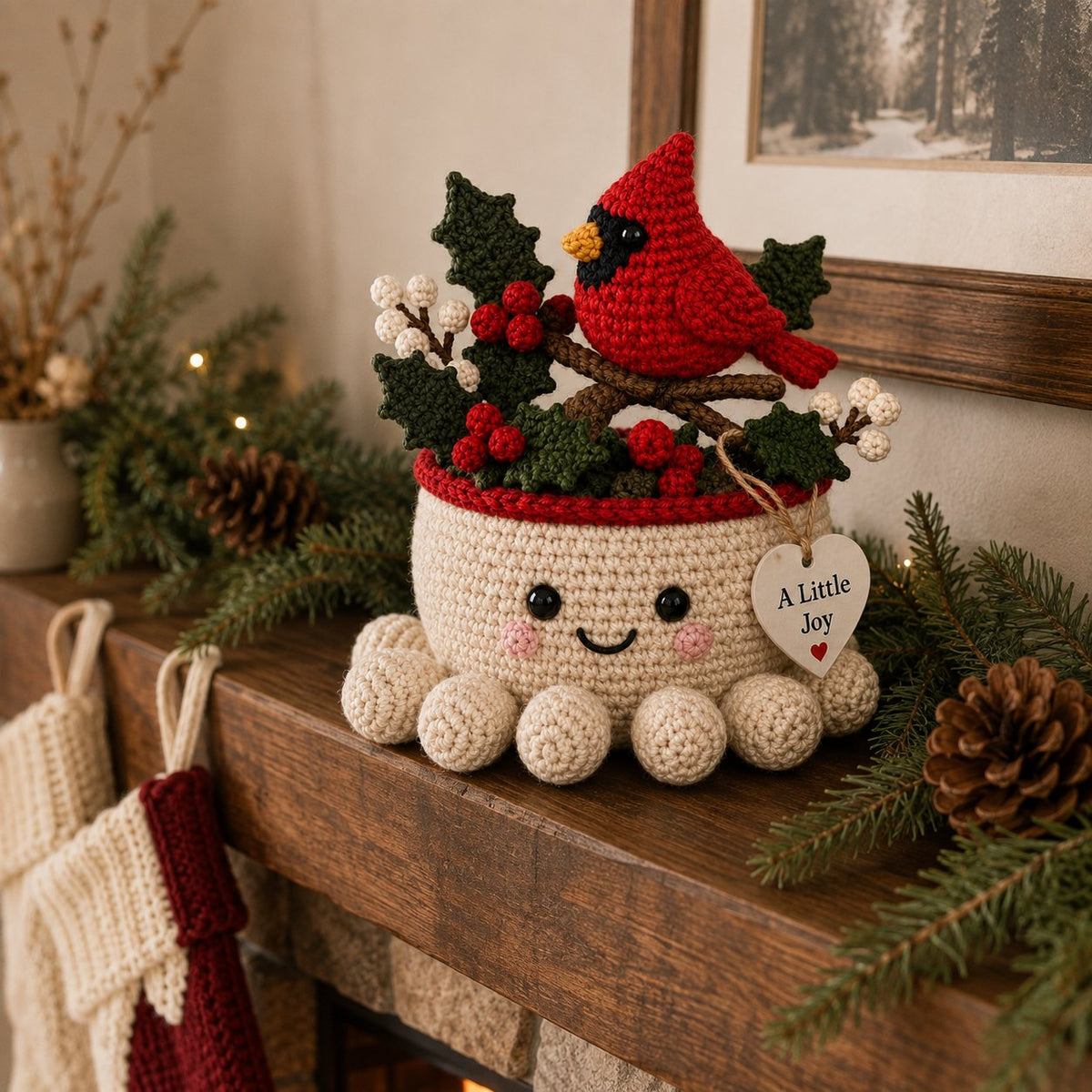 Artisanal Crochet Red Cardinal Ornament in Cream Pot – Whimsical Festive Home Decor