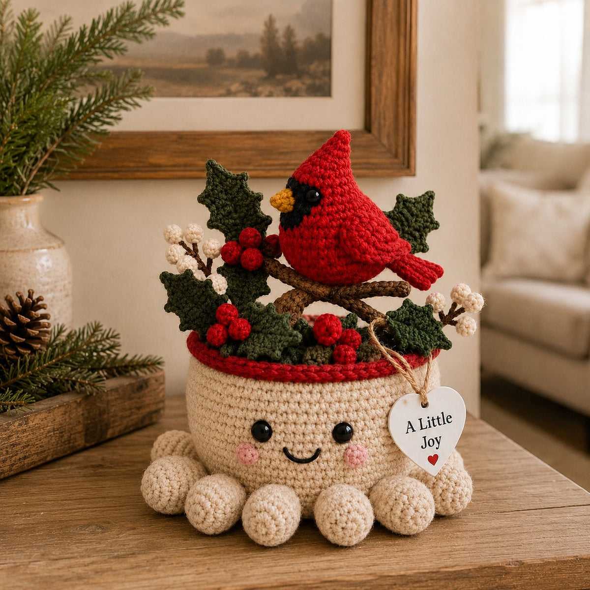 Artisanal Crochet Red Cardinal Ornament in Cream Pot – Whimsical Festive Home Decor